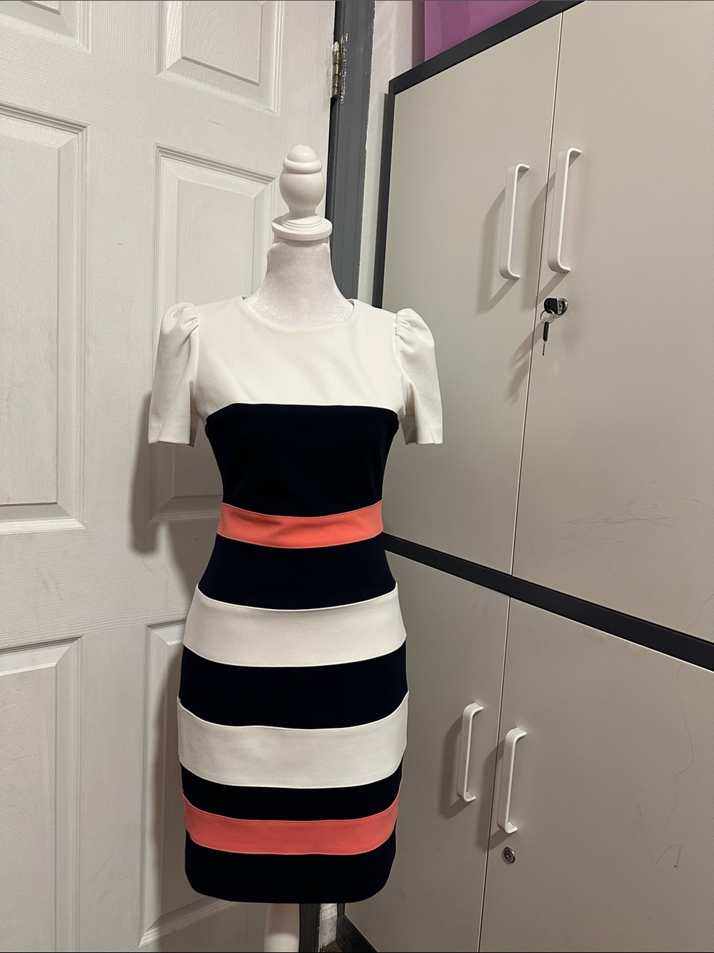 Tommy Hilfiger Black, White & Coral Striped Midi Sheath Dress